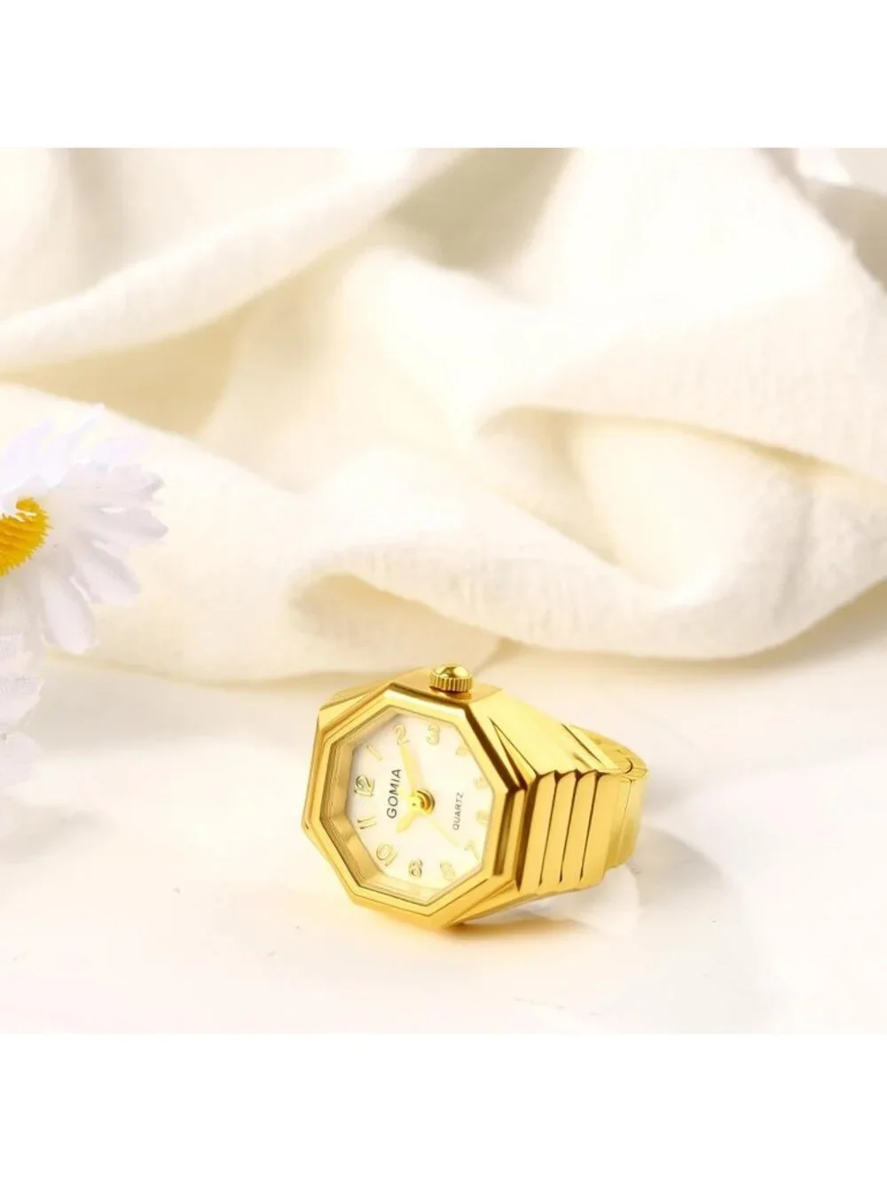 Unisex Gold Analog Quartz Stretchy Elastic Band Octagon Dial Finger Ring Watch